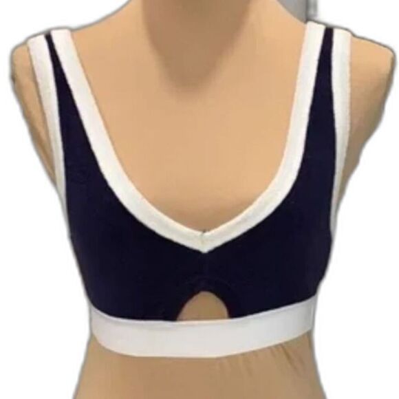 ZARA Terry Cloth 70s Womens Crop Tank Top Bralette Navy White Cut Out V Neck M - Picture 6 of 7